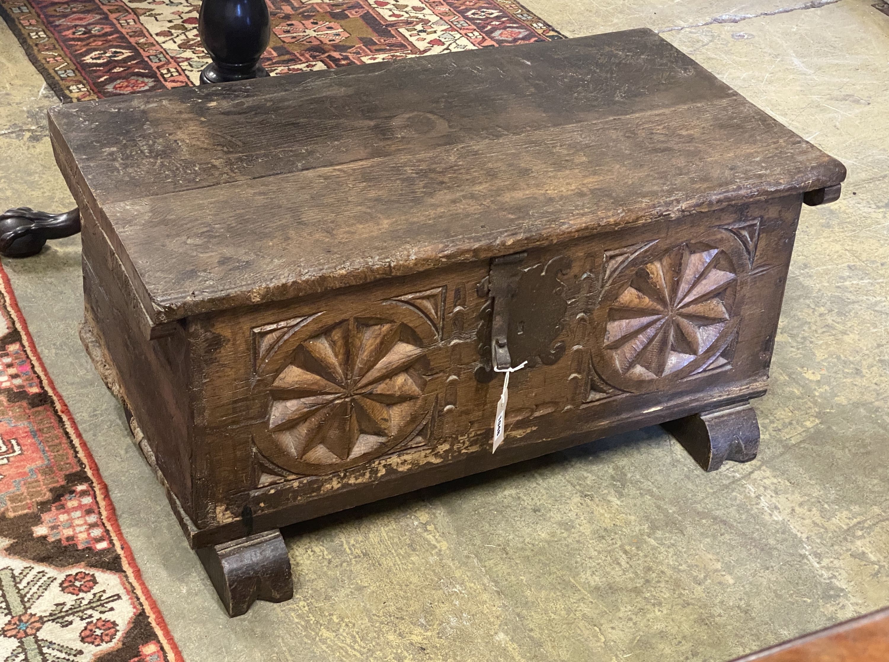 A 17th century and later Spanish oak coffer, length 86cm, depth 44cm, height 41cm